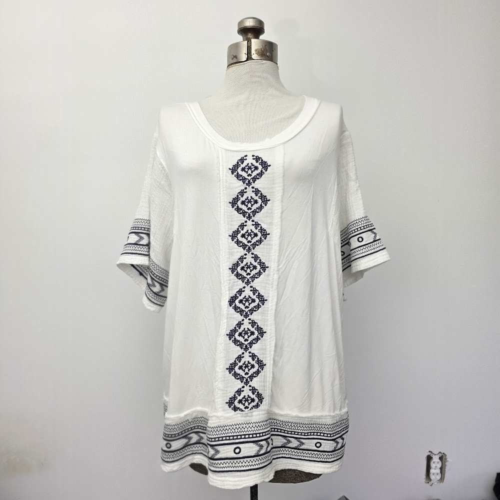 POL Cream Tunic with Black Embellished Short Sleeves Top Size M